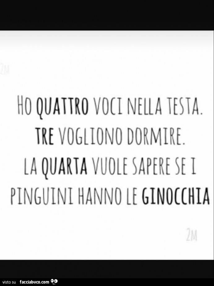 Ho quattro voci nella testa. Tre vogliono dormire. La quarta vuole sapere se i pinguini hanno le ginocchia