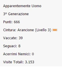 Apparentemente uomo 3° generazione punti: 666 cintura: arancione (livello 3) vaccate: 39 seguaci: 8 acerrimi nemici: 0 visite totali: 3.153