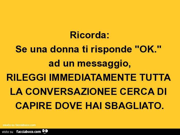 Ricorda: se una donna ti risponde "ok. " Ad un messaggio, rileggi immediatamente tutta la conversazionee cerca di capire dove hai sbagliato