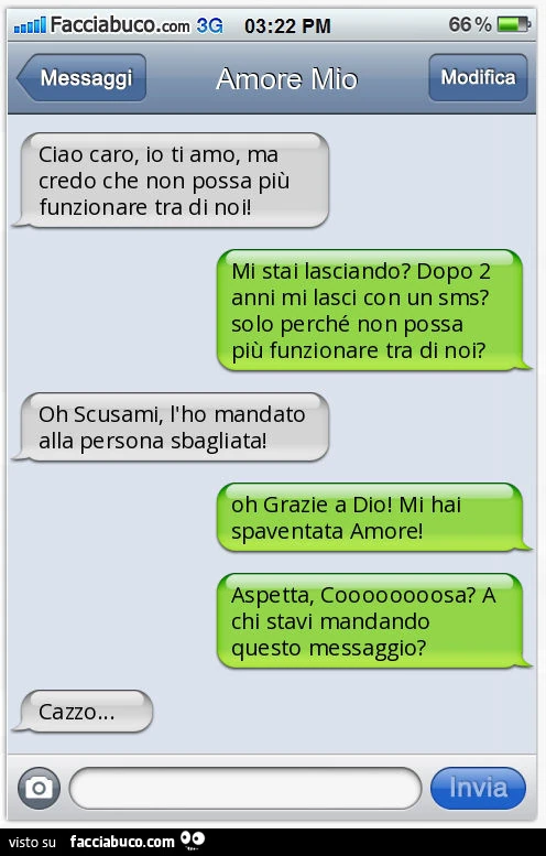 Ciao caro, io ti amo, ma credo che non possa più funzionare tra di noi! Mi stai lasciando? Dopo 2 anni mi lasci con un sms? Solo perché non possa più funzionare tra di noi? Oh Scusami, l'ho mandato alla persona sbagliata! Oh Grazie a Dio! Mi hai spav