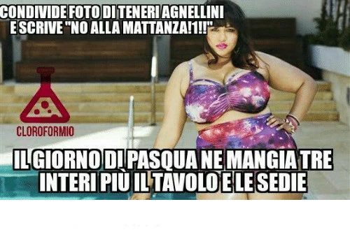 Condivide foto di teneri agnellini e scrive no alla mattanza! Il giorno di Pasqua ne mangia tre interi più il tavolo e le sedie