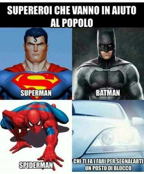 Supereroi che vanno in aiuto al popolo. Superman, spiderman, batman chi ti fa i fari per segnalarti un posto di blocco