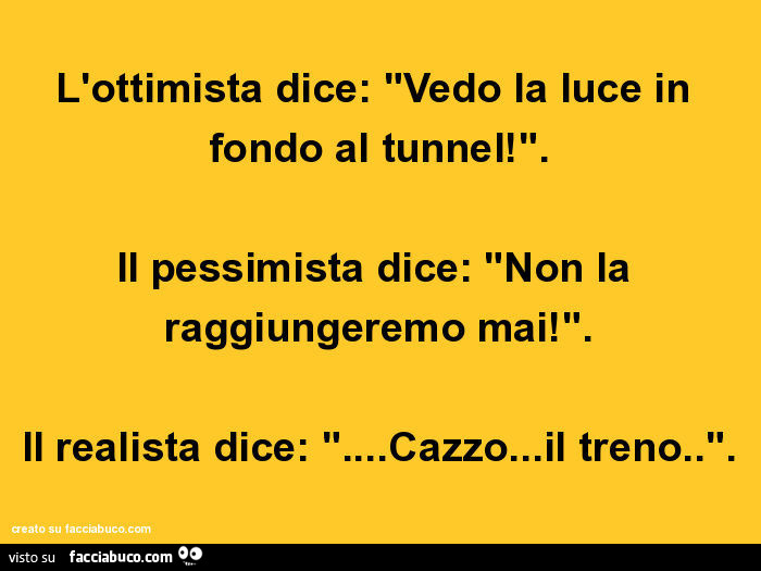 L'ottimista dice: vedo la luce in fondo al tunnel! Il pessimista dice: non la raggiungeremo mai! Il realista dice: cazzo… il treno