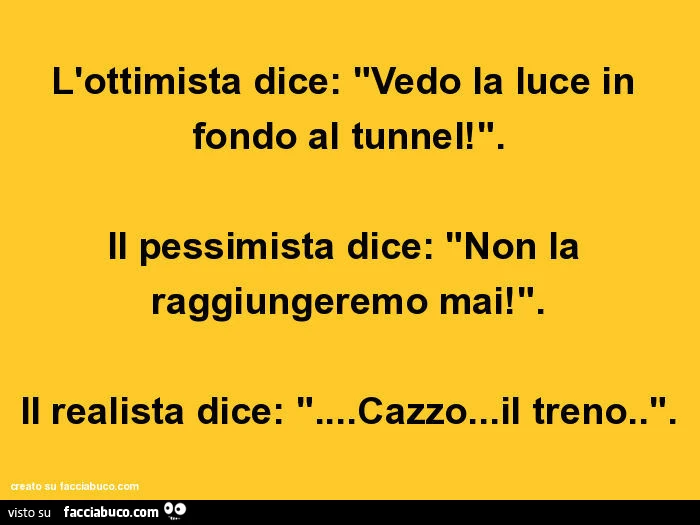 L'ottimista dice: vedo la luce in fondo al tunnel! Il pessimista dice: non la raggiungeremo mai! Il realista dice: cazzo&hellip; il treno