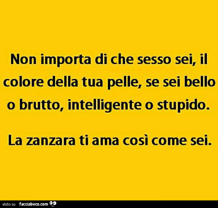 Non importa di che sesso sei, il colore della tua pelle, se sei bello o brutto, intelligente o stupido. La zanzara ti ama così come sei