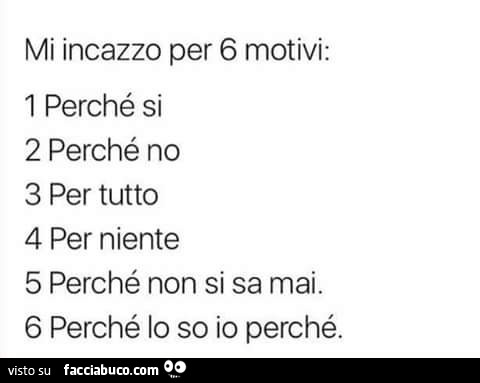 Mi incazzo per 6 motivi: 1 perché si 2 perché no 3 per tutto 4 per niente 5 perché non si sa mai. 6 perché lo so io perché