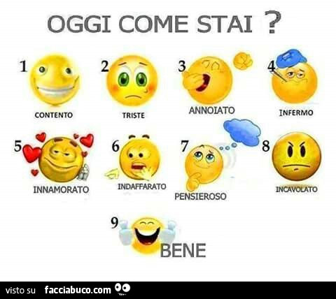 Oggi come stai? Contento, triste, annoiato, infermo, innamorato, indaffarato, pensieroso, incavolato, bene
