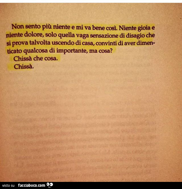 Non sento più niente e mi va bene così. Niente gioia e dolore, solo quella vaga sensazione di disagio che si prova talvolta uscendo di casa, convinti di aver dimenticato qualcosa di importante, ma cosa?