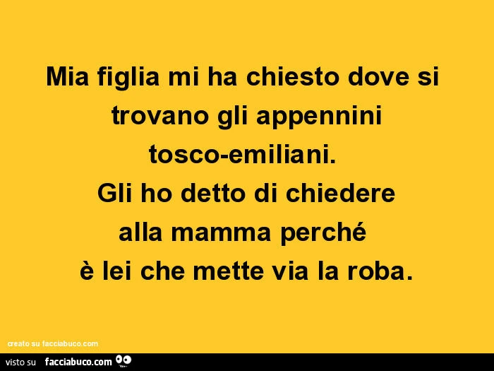 Mia figlia mi ha chiesto dove si trovano gli appennini tosco-emiliani. Gli ho detto di chiedere alla mamma perché è lei che mette via la roba