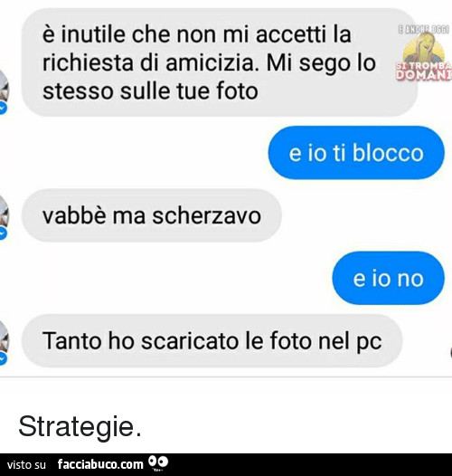 È inutile che non mi accetti la richiesta di amicizia. Mi sego lo stesso sulle tue foto. E io ti blocco. Vabbè ma scherzavo. E io no. Tanto ho scaricato le foto nel pc. Strategie