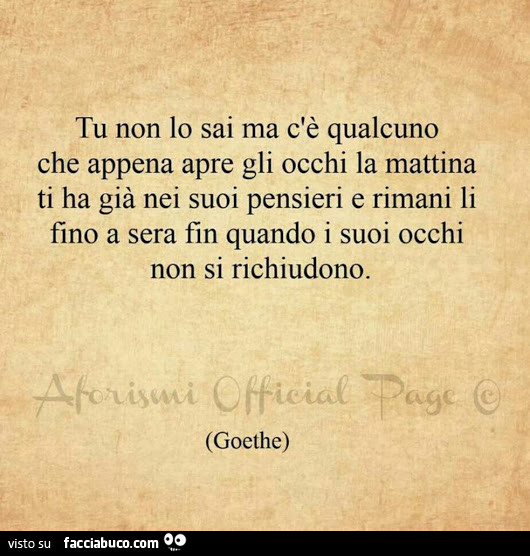 Tu non lo sai ma c'è qualcuno che appena apre gli occhi la mattina ti ha già nei suoi pensieri e rimani li fino a sera fin quando i suoi occhi non si richiudono. Goethe
