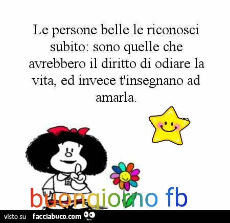 Le persone belle le riconosci subito: sono quelle che avrebbero il diritto di odiare la vita, ed invece t'insegnano ad amarla. Buongiorno FB