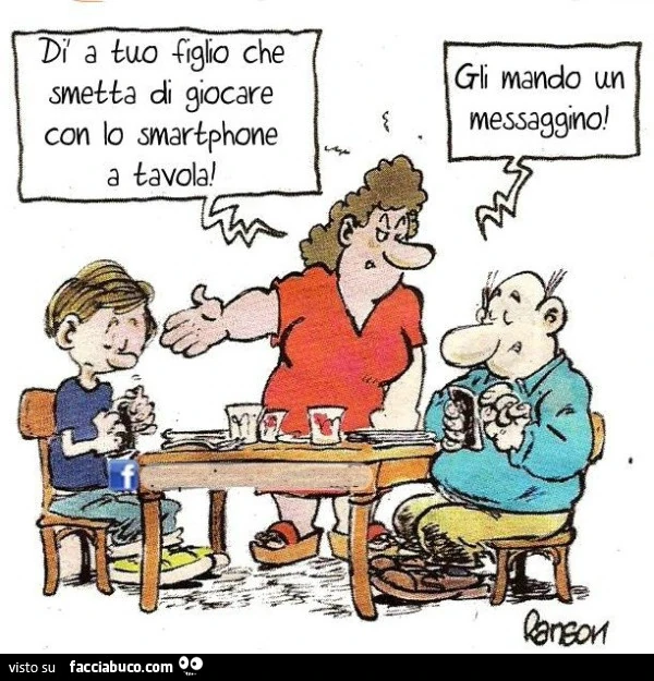Di a tuo figlio che smetta di giocare con lo smartphone a tavola. Gli mando un messaggino