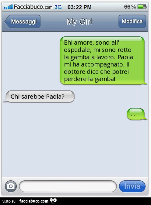 Ehi amore, sono all'ospedale, mi sono rotto la gamba a lavoro. Paola mi ha accompagnato, il dottore dice che potrei perdere la gamba! Chi sarebbe Paola?