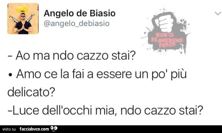 Ao ma ndo cazzo stai? Amo ce la fai a essere un po' più delicato? Luce dell'occhi mia, ndo cazzo stai?